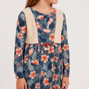 Deux par Deux Girls Floral Knit Dress Sherpa Vest Look Size 12 Youth NWT